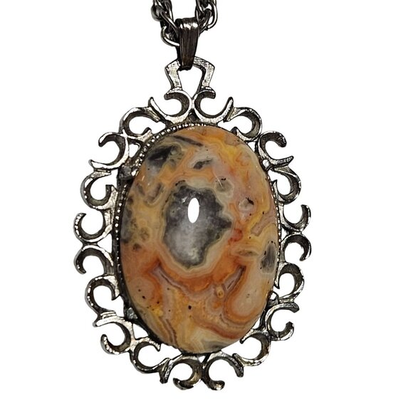 Vintage Elegant Crazy Lace Jasper Pendant Necklace Silver Tone Fashion Jewelry - Picture 2 of 6